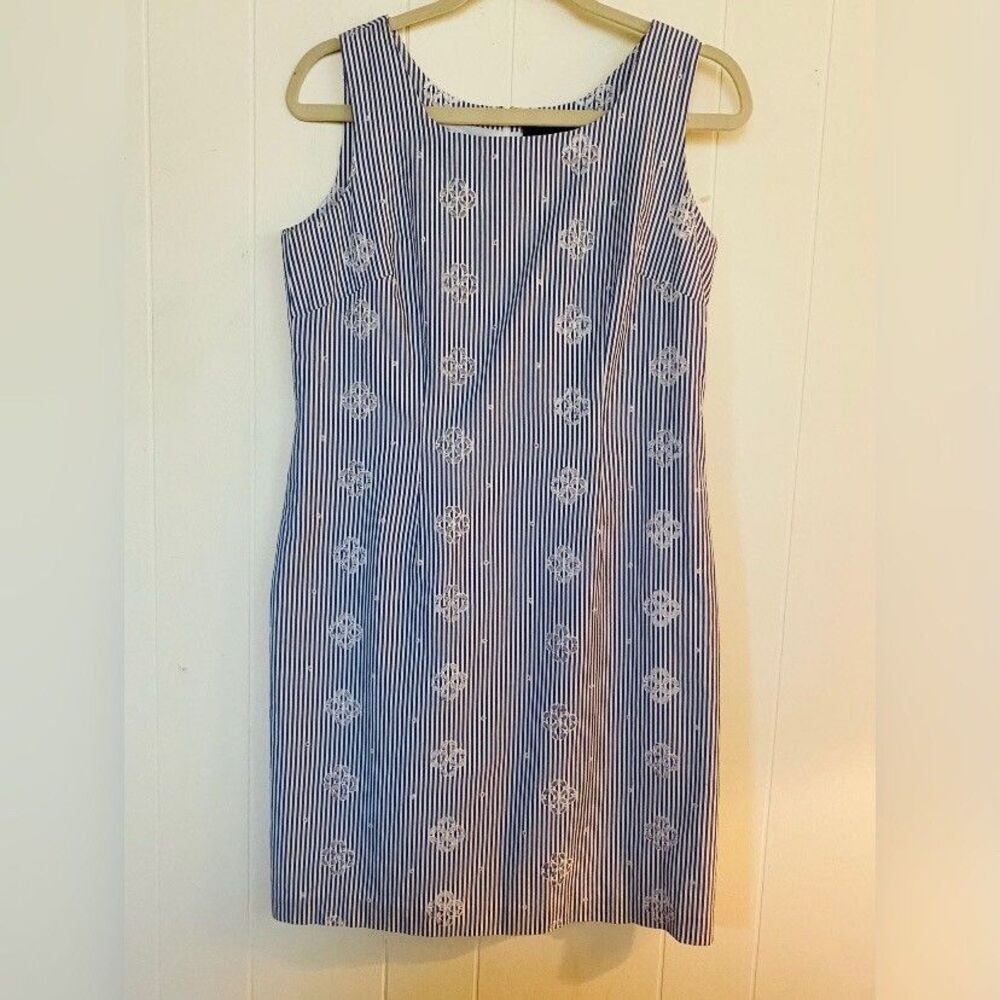 Charter Club Dress Women’s 8 Gray White Striped Embroidered Beach Coastal Summer